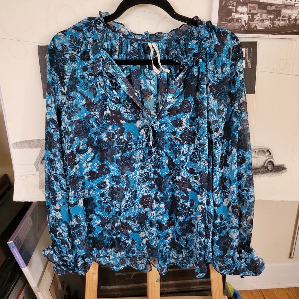 Anthropologie Blue and Navy Floral Peasant Blouse